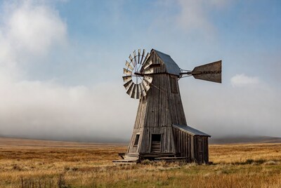 Old wooden windmill in grassy field