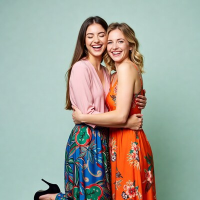 Two women hugging and laughing