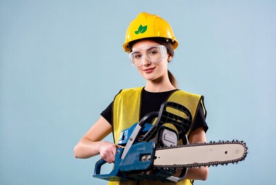 Woman holding chainsaw in safety gear