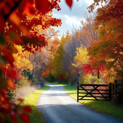 Autumn Path with Gate and Red Trees