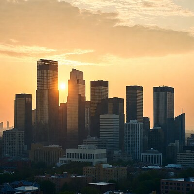 Sunrise over city skyline