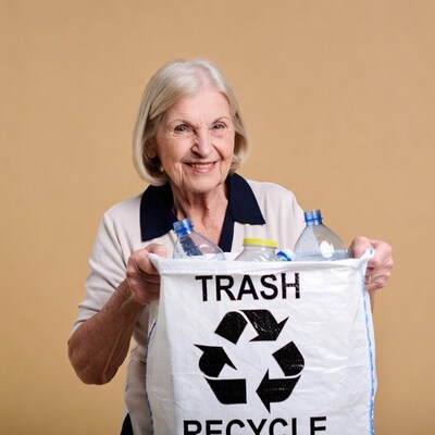 Elderly woman holding recycle trash bag