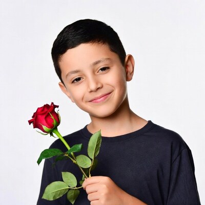 Boy holding red rose