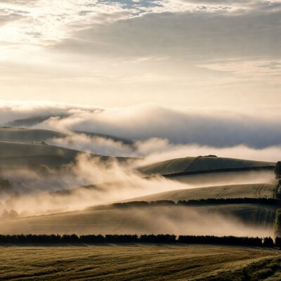 Misty rolling hills at dawn