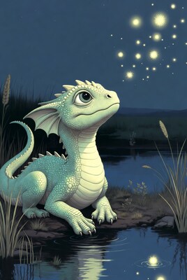 Baby dragon gazing at fireflies