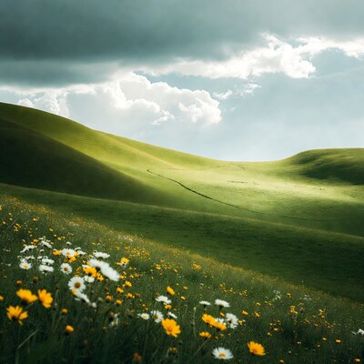 Green Rolling Hills with Daisies