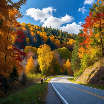Curvy road through autumn forest