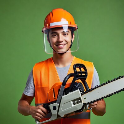 Young man holding chainsaw in safety gear
