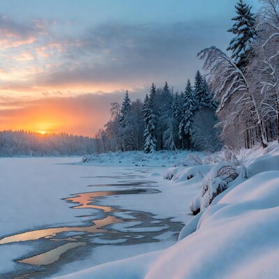 Sunset over frozen lake with snowy trees