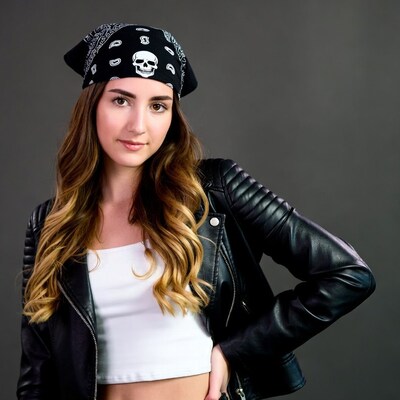 Woman in skull bandana and leather jacket