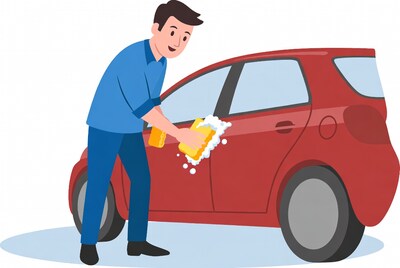 Man washing red car