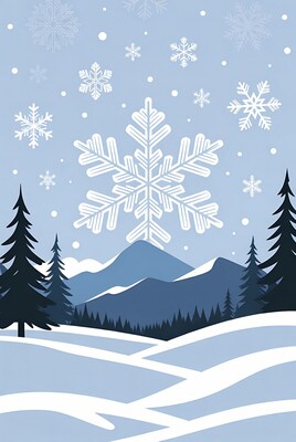 Snowy Mountain Landscape with Large Snowflake