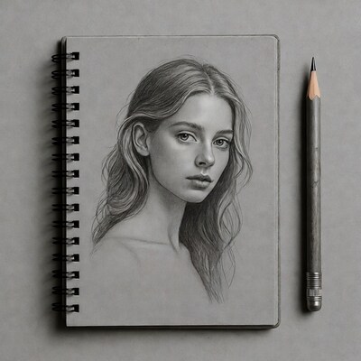 Pencil sketch of woman in sketchbook