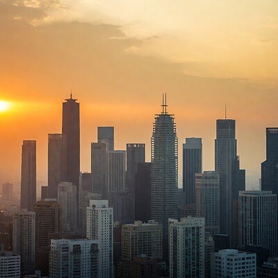 City skyline at sunset
