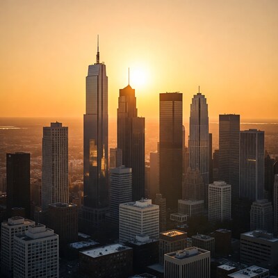 City skyline at sunset