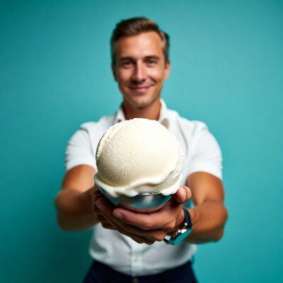Man holding giant vanilla ice cream
