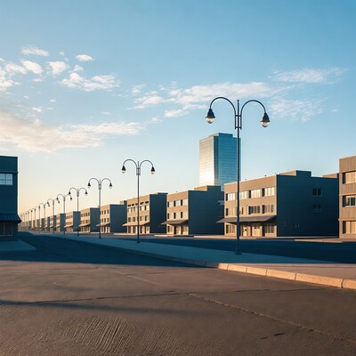 Row of gray apartment buildings with street lamps