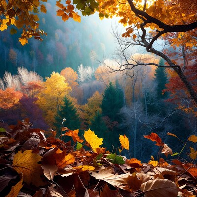 Autumn Forest with Colorful Falling Leaves