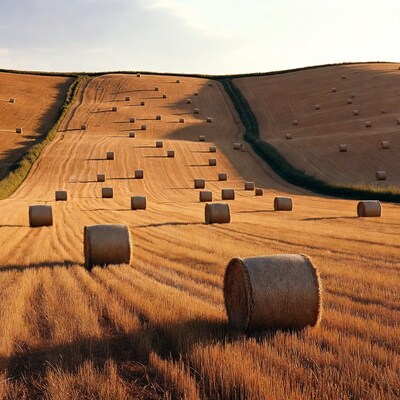 Hay bales in golden wheat field