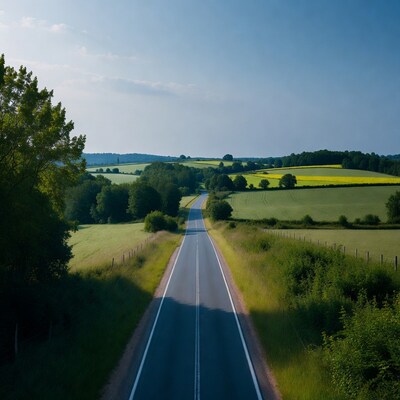 Country road through yellow fields