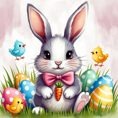 Cute bunny with eggs and chicks