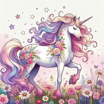 Floral unicorn in flower meadow