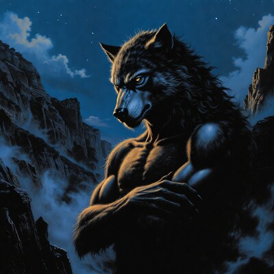 Muscular werewolf howling on rocks