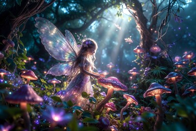 Fairy girl examining glowing mushrooms
