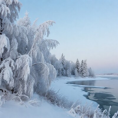 Snowy trees by frozen river
