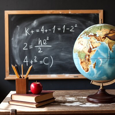 Classroom desk with globe chalkboard