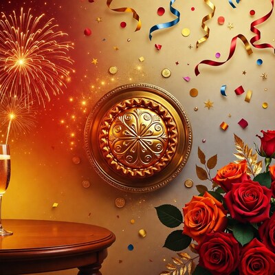 Golden Cake with Champagne and Fireworks