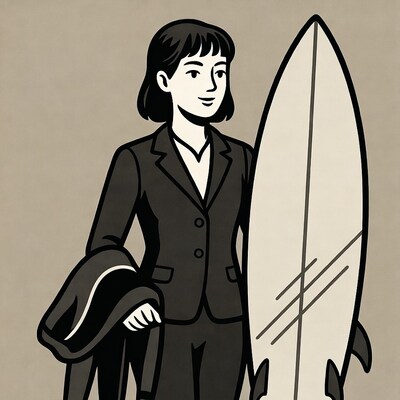 Woman in suit holding surfboard