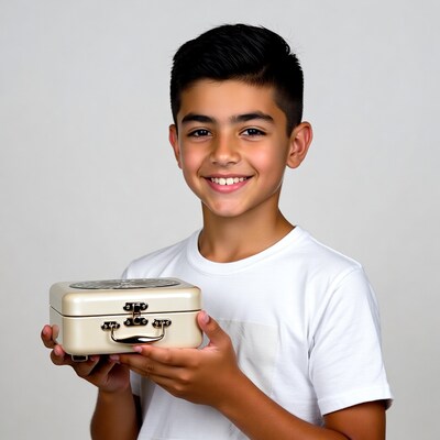 Boy holding gold metal box