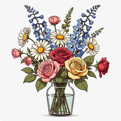 Colorful Roses and Daisies in Glass Jar
