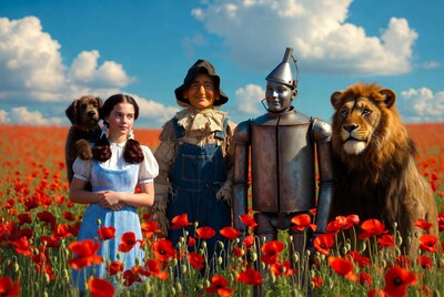 Dorothy with Scarecrow Tin Man Lion Toto in poppy field