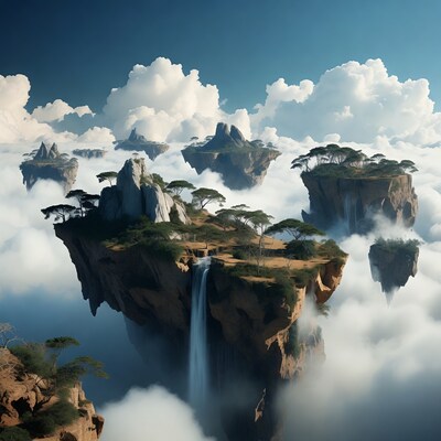Floating Islands with Waterfall in Clouds