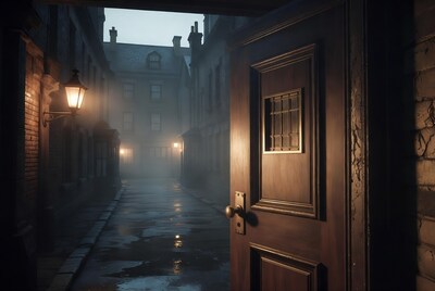 Open Door to Foggy Victorian Alley