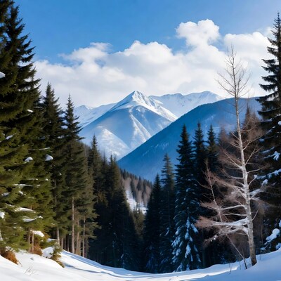 Snowy Pine Forest with Mountains