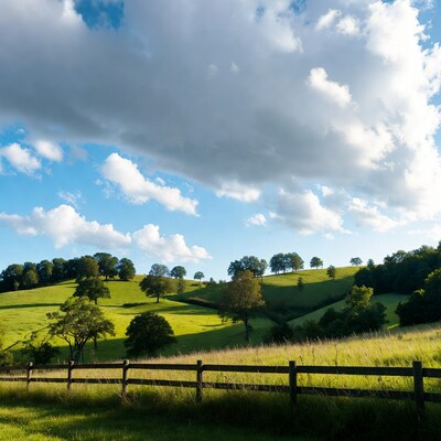 Green rolling hills with wooden fence