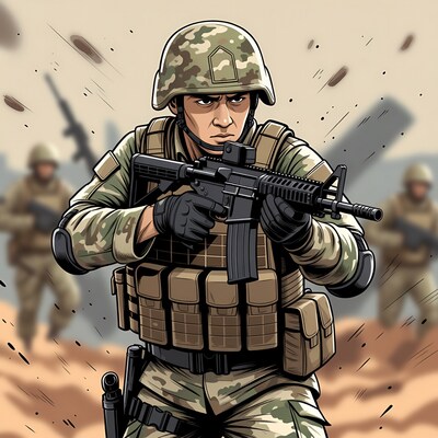 Asian soldier aiming rifle illustration