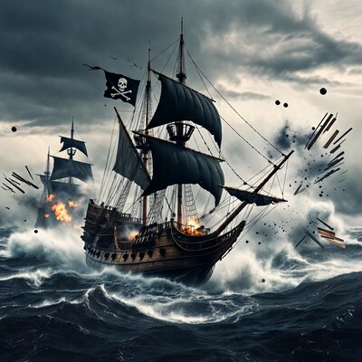Pirate Ships Battling in Stormy Sea