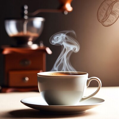 Steaming coffee cup with grinder