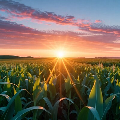 Sunrise over cornfield with sun rays