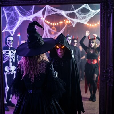 Witch facing Grim Reaper in haunted mirror