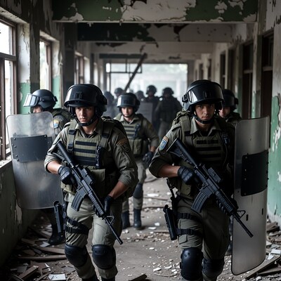 SWAT team advancing in ruined hallway