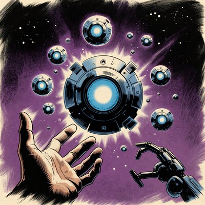 Human hand reaching UFOs robotic arm