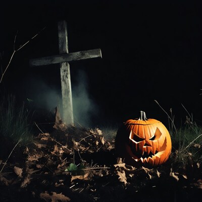 Jack-o-lantern by graveyard cross