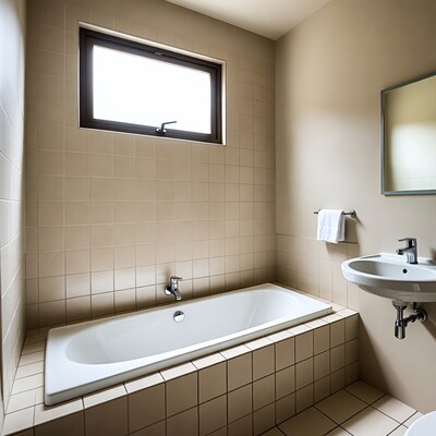 Beige Tiled Bathroom with Bathtub