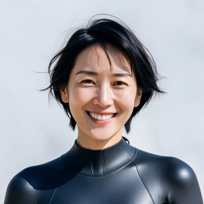Smiling Asian woman in black wetsuit