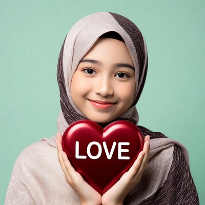 Hijab girl holding red love heart